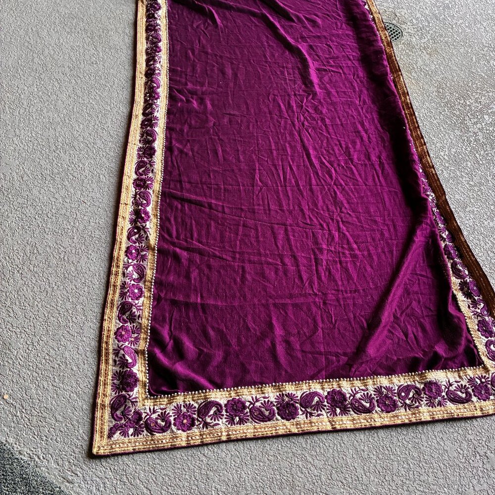 Purple and Yellow Sari with Purple Embroidered Flowers and Gold Trim with Mirror